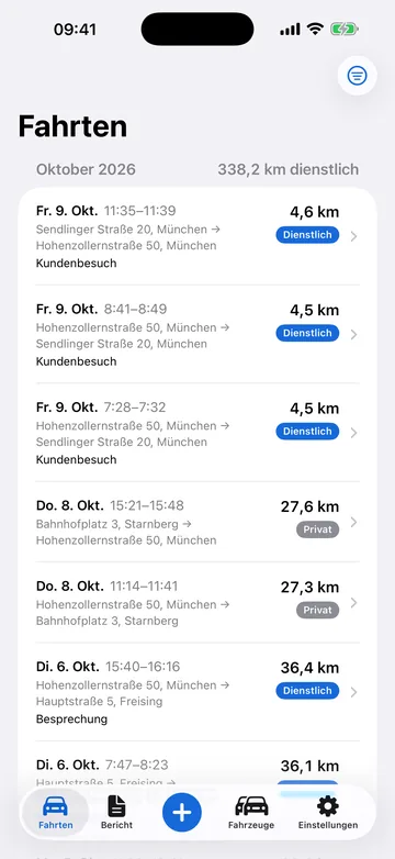 Fahrtenliste mit automatisch aufgezeichneten Fahrten, dienstlich oder privat