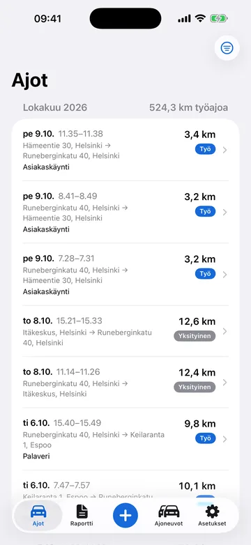 Ajolista automaattisesti kirjatuista ajoista