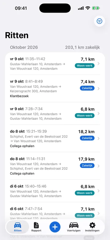 Rittenlijst met automatisch vastgelegde ritten