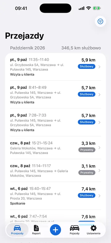 Lista przejazdów zapisanych automatycznie