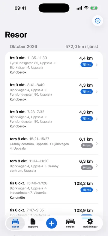 Reselistan med automatiskt loggade resor märkta tjänst eller privat