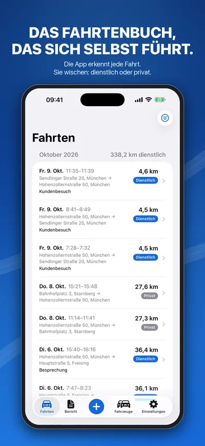 Fahrtenliste mit automatisch aufgezeichneten Fahrten, dienstlich oder privat