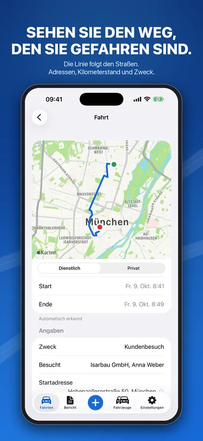 Eine Fahrt auf der Karte mit Adressen, Zweck und Kilometerstand