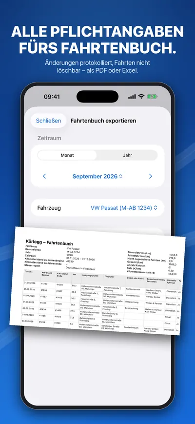 Export des Fahrtenbuchs als PDF oder Excel