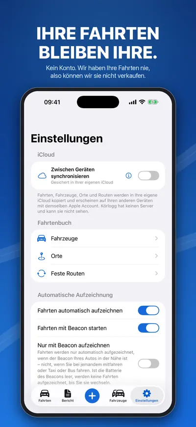 Einstellungen: Synchronisierung in der eigenen iCloud, automatische Aufzeichnung und Beacon