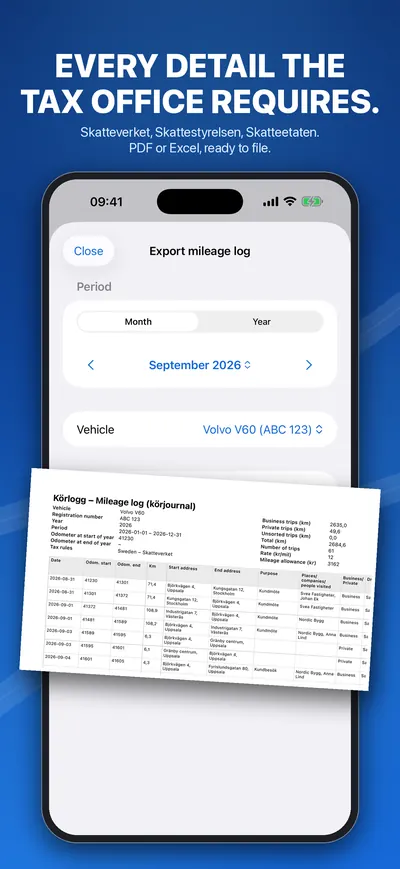 Exporting the mileage log as PDF or Excel