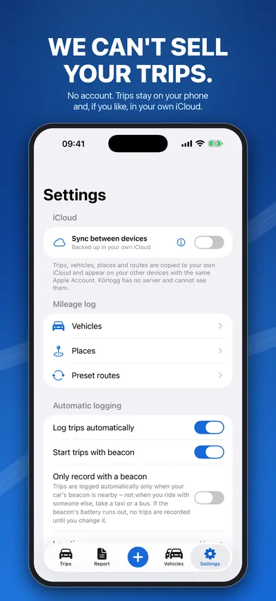 Settings: sync in your own iCloud, automatic logging and beacon options