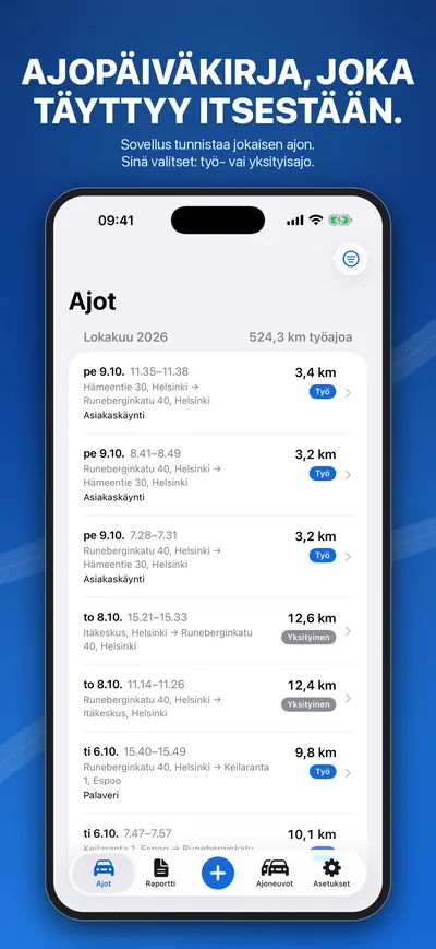 Ajolista automaattisesti kirjatuista ajoista