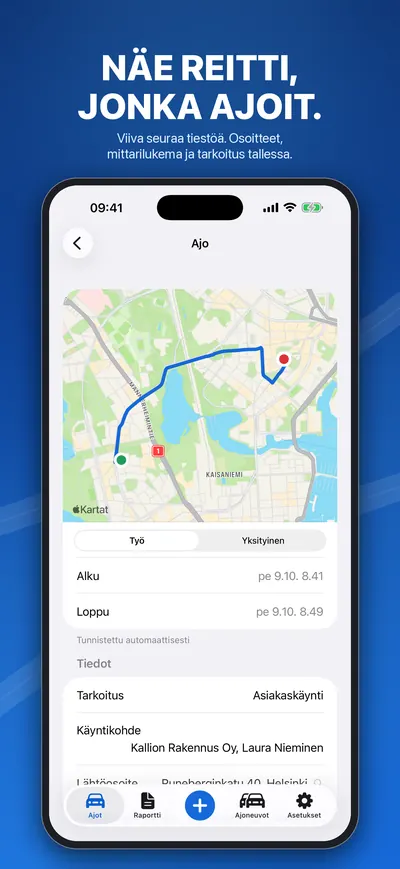 Ajo kartalla osoitteineen ja tarkoituksineen