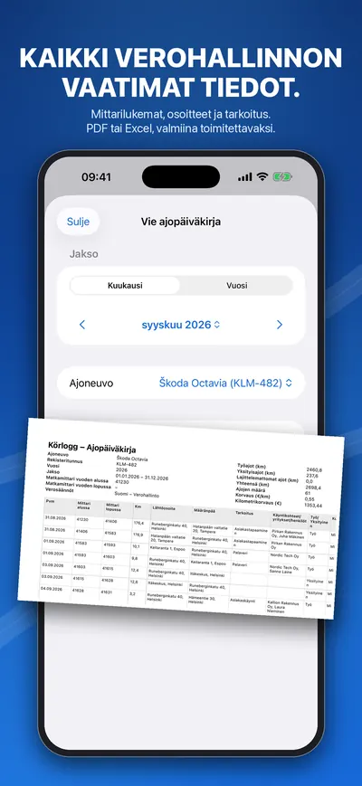 Ajopäiväkirjan vienti PDF- tai Excel-muodossa