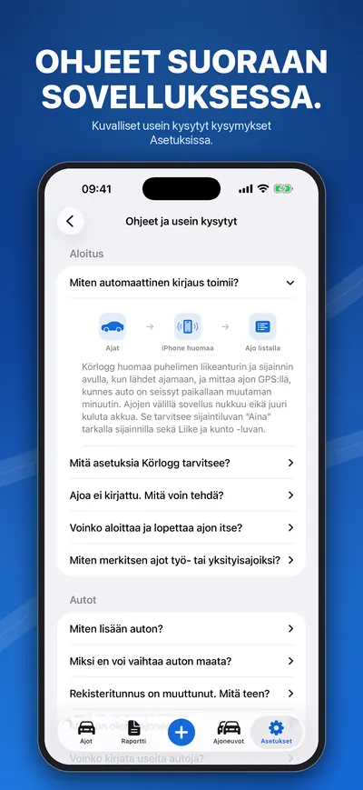 Ohjeet ja usein kysytyt kysymykset sovelluksessa