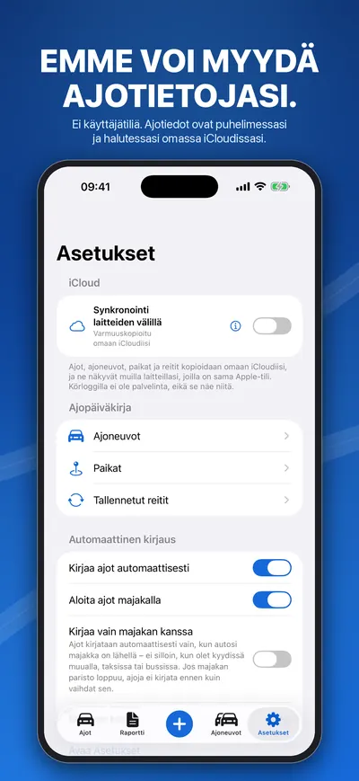 Asetukset: synkronointi omaan iCloudiin