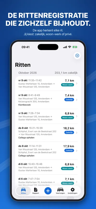 Rittenlijst met automatisch vastgelegde ritten