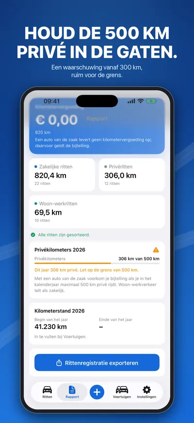Teller voor de 500 km privé met een auto van de zaak