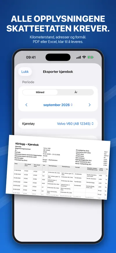 Eksport av kjøreboken som PDF eller Excel