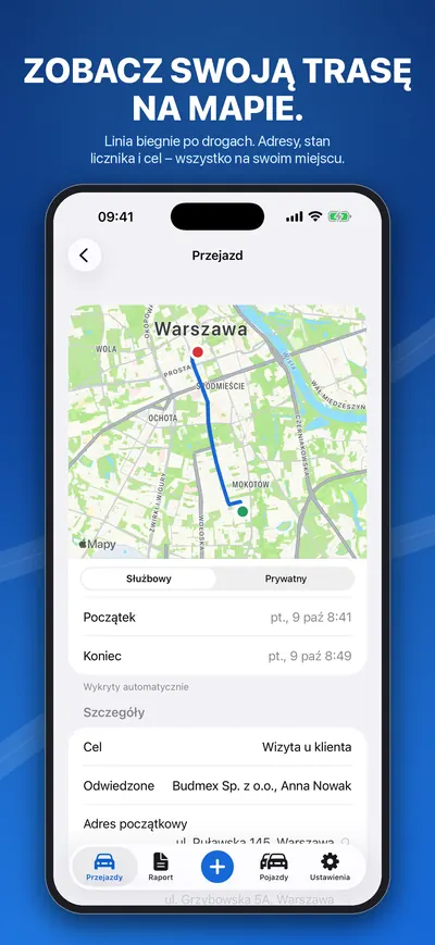 Przejazd na mapie z adresami i celem
