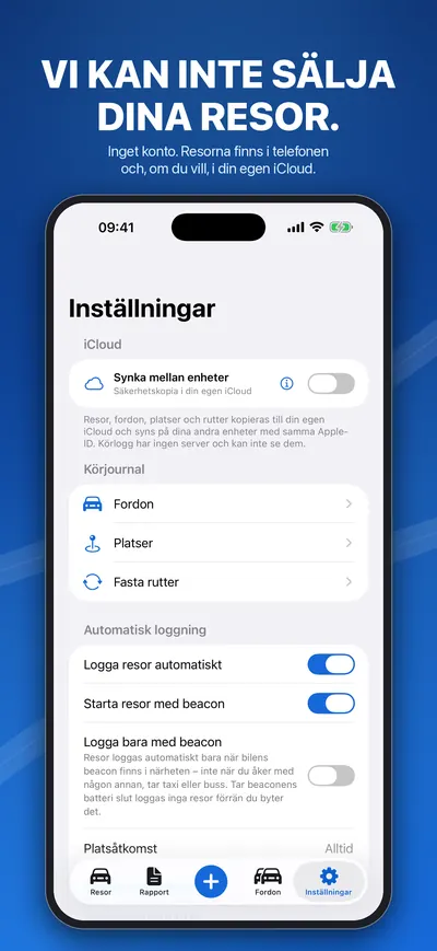 Inställningar: synk i din egen iCloud, automatisk loggning och beacon